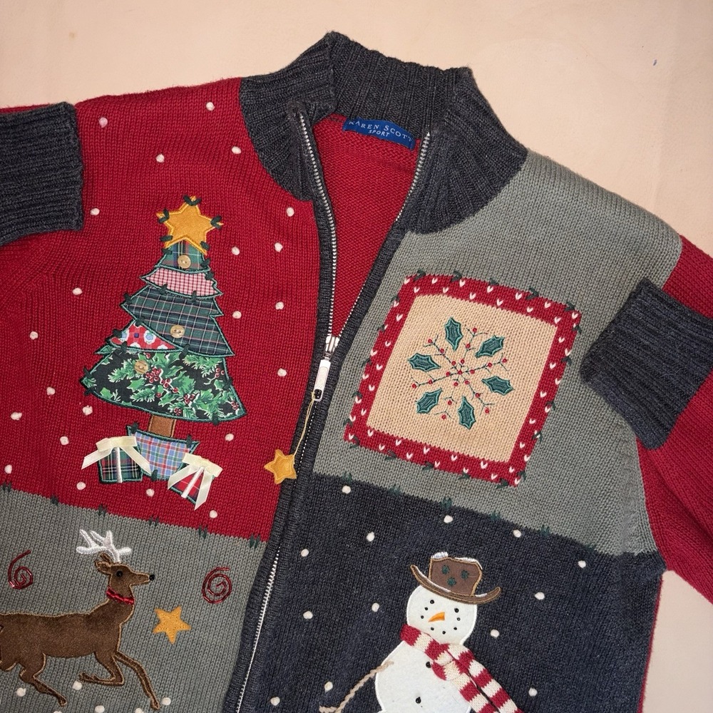 VTG Karen Scott Sport Christmas Patchwork Full Zip Sweater Cardigan Large Red